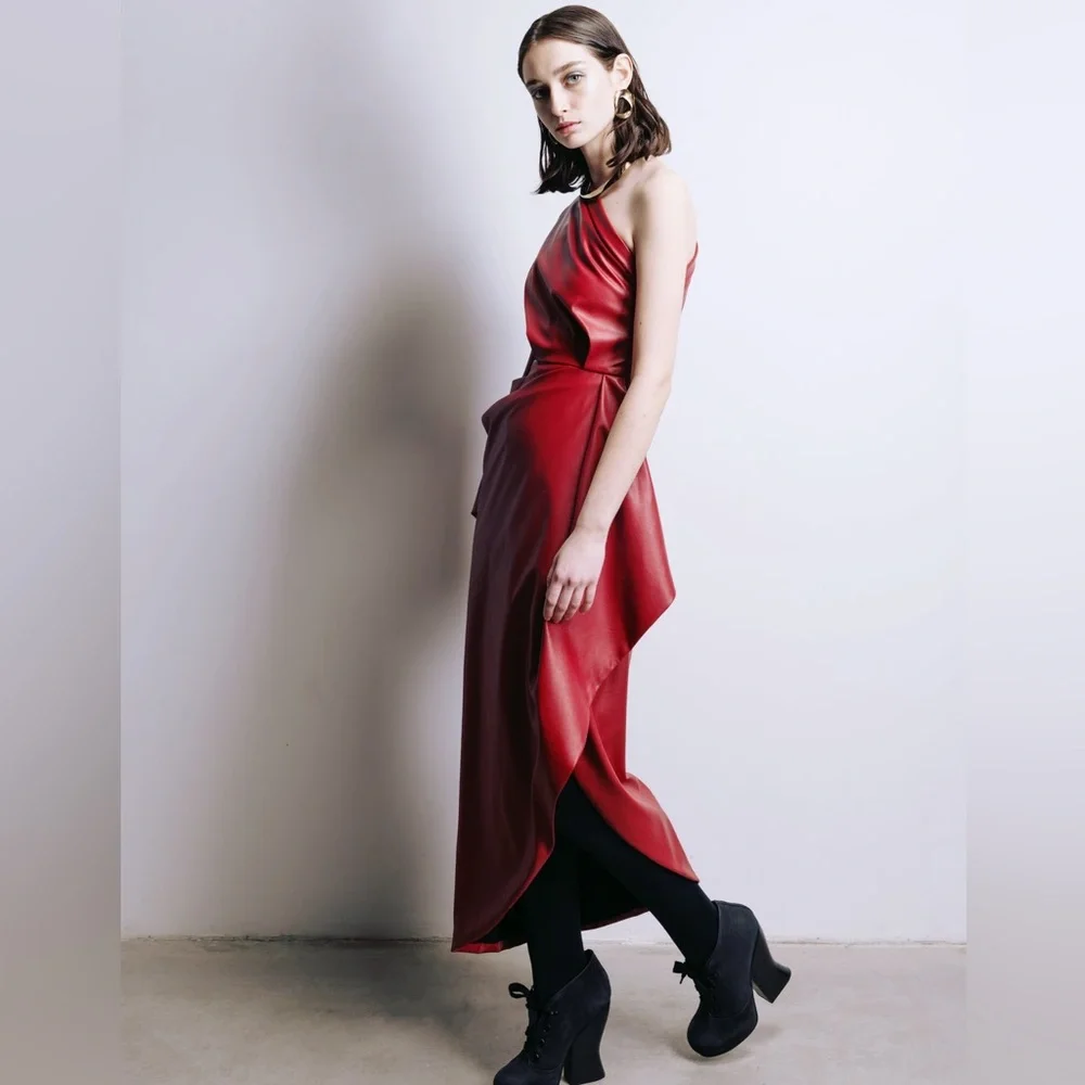 Julia Allert Red Soft Faux Leather Midi Dress